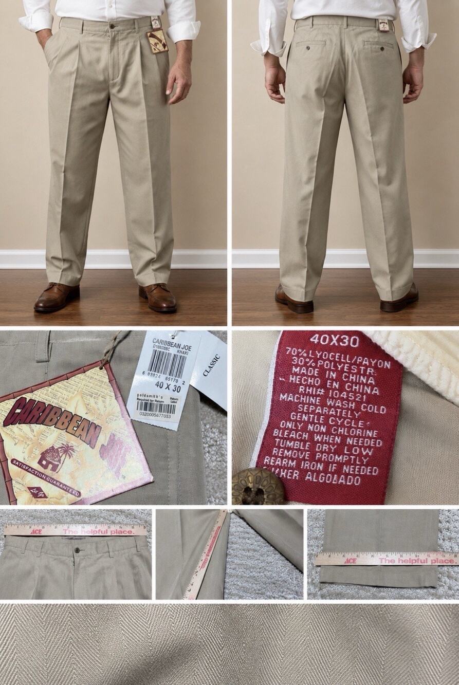 Caribbean Joe Beach Tan Men’s Pleated Bottom Cuffed Dress Pants 40x30 Beige NWT